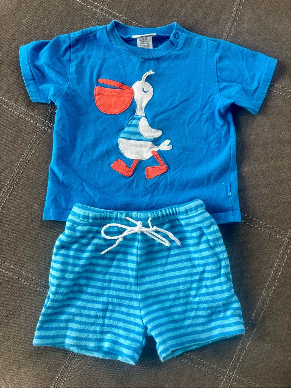 Y2K Le Top Blue Pelican Applique Baby short Set - Short Sleeve & Striped Shorts